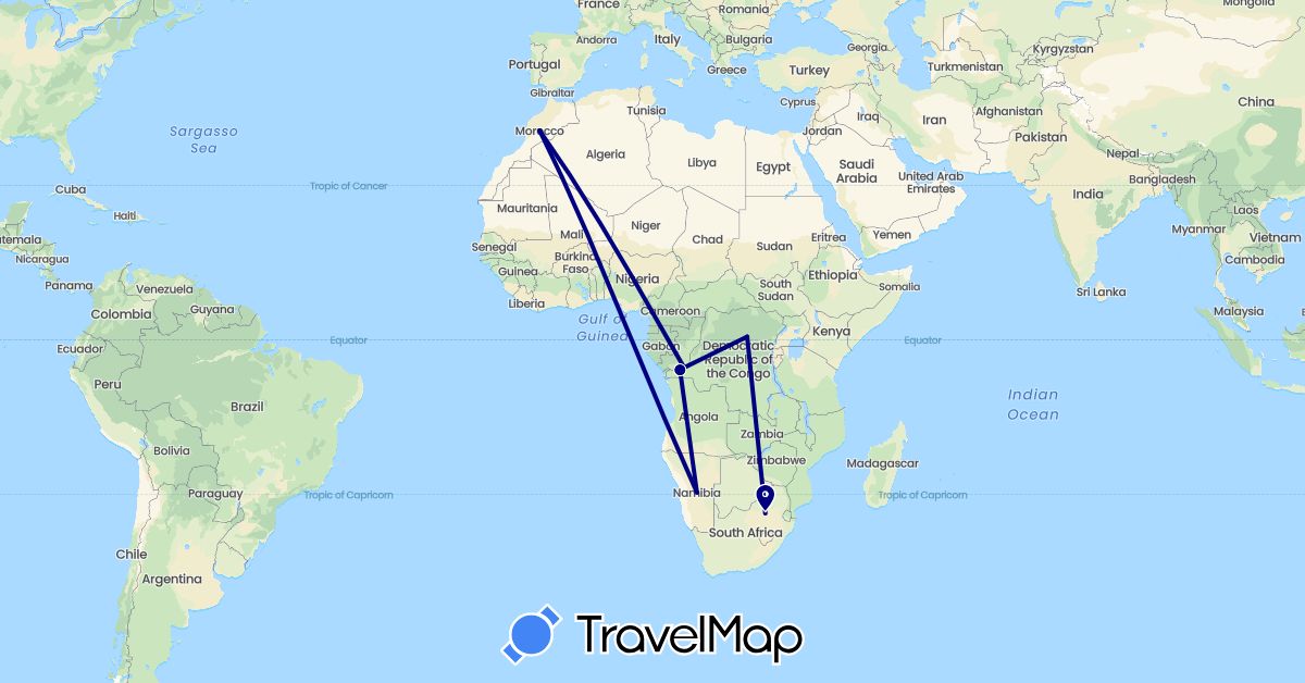 TravelMap itinerary: driving in Democratic Republic of the Congo, Republic of the Congo, Morocco, Namibia, South Africa (Africa)